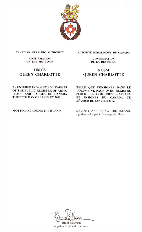 Letters patent confirming the Motto of HMCS Queen Charlotte