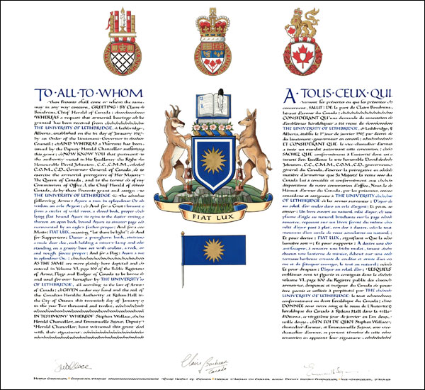 Letters patent granting heraldic emblems to the University of Lethbridge