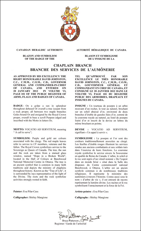 Letters patent approving the Badge of the Chaplain Branch