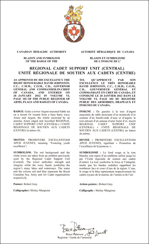 Lettres patente approuvant l'insigne de l'Unité régionale de soutien aux cadets (Centre)