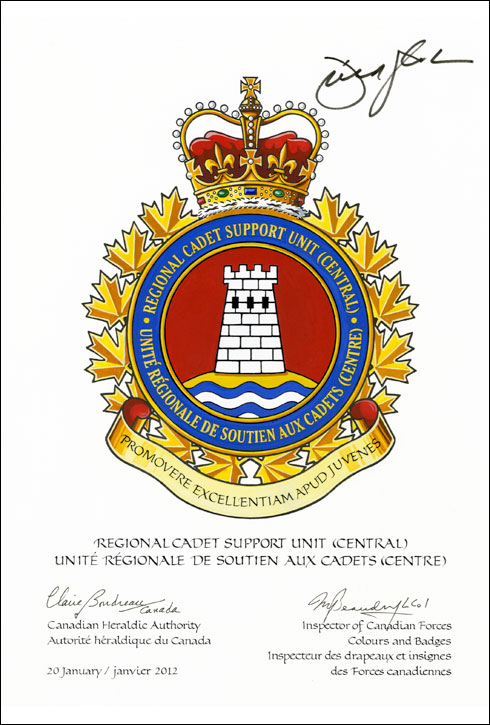 Lettres patentes approuvant l'insigne de l'Unité régionale de soutien aux cadets (Centre)