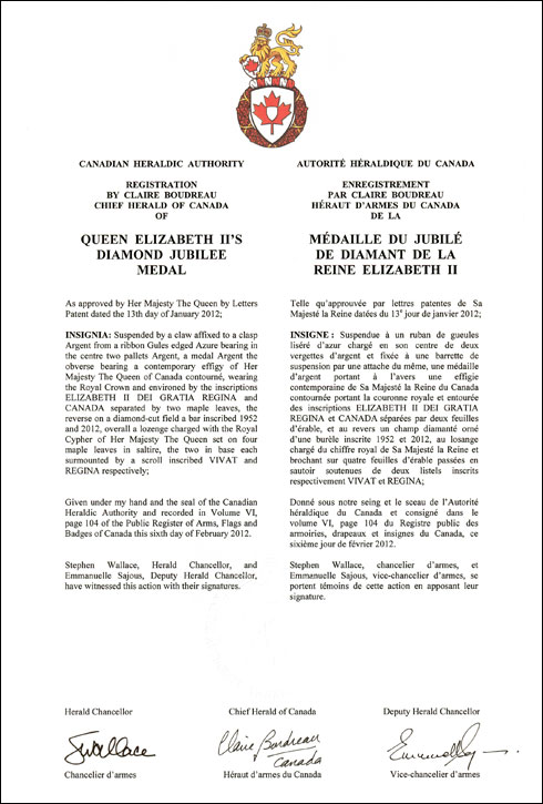 Letters patent registering Queen Elizabeth II's Diamond Jubilee Medal