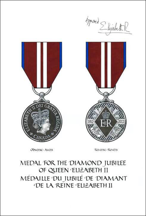 Lettres patentes enregistrant la Médaille du jubilé de diamant de la reine Elizabeth II