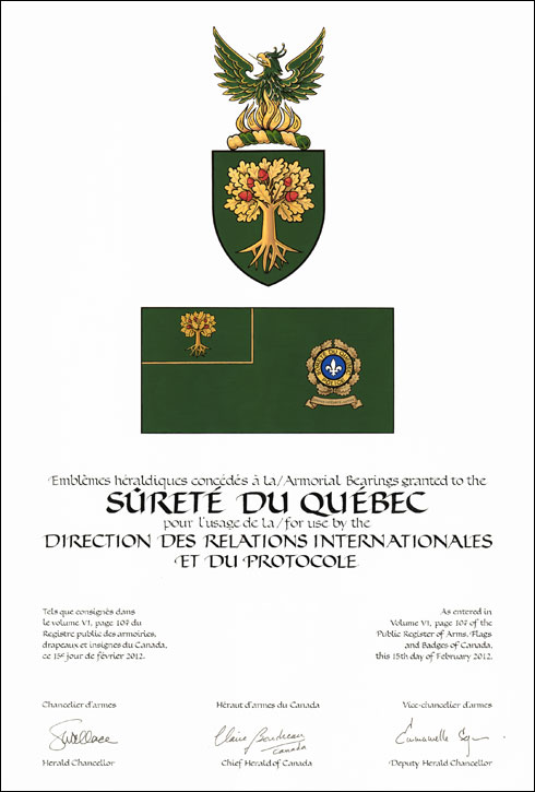 Letters patent granting heraldic emblems to the Sûreté du Québec for use by the Direction des relations internationals et du protocole