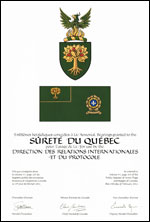 Letters patent granting heraldic emblems to the Sûreté du Québec for use by the Direction des relations internationals et du protocole