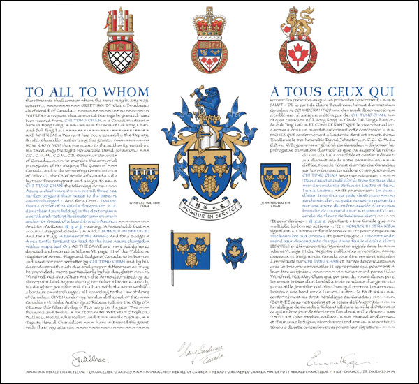 Letters patent granting heraldic emblems to Chi Tung Chan