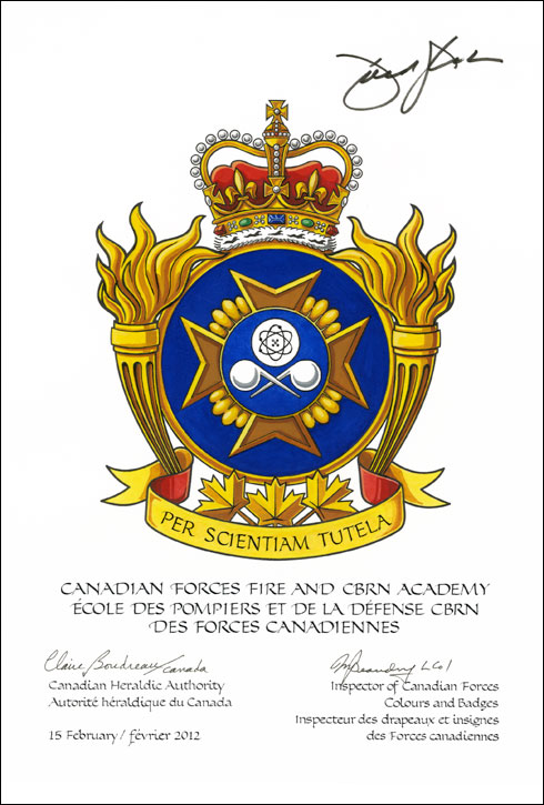 Letters patent approving the Badge of the Canadian Forces Fire and CBRN Academy