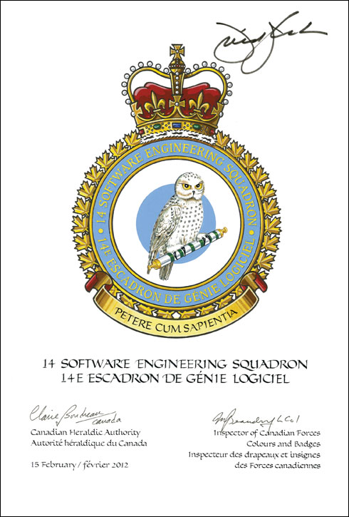 Letters patent approving the Badge of the 14 Software Engineering Squadron