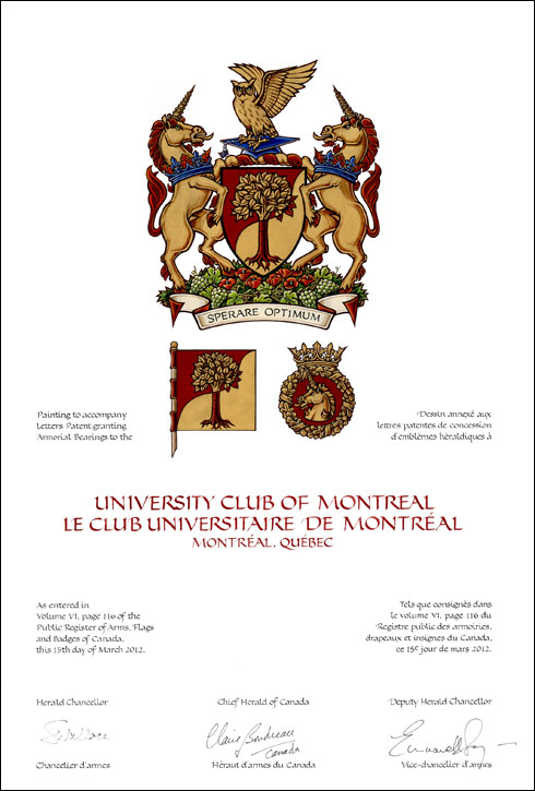 Letters patent granting heraldic emblems to the University Club of Montreal