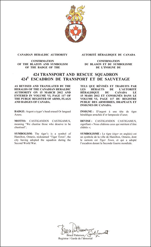 Letters patent confirming the blazon of the Badge of the 424 Transport and Rescue Squadron