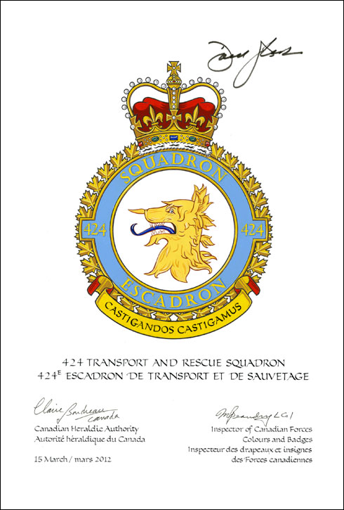 Letters patent confirming the blazon of the Badge of the 424 Transport and Rescue Squadron