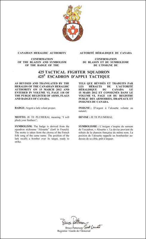 Letters patent confirming the blazon of the Badge of the 425 Tactical Fighter Squadron