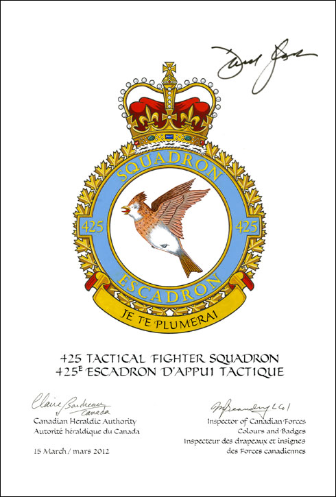 Letters patent confriming the blazon of the Badge of the 425 Tactical Fighter Squadron