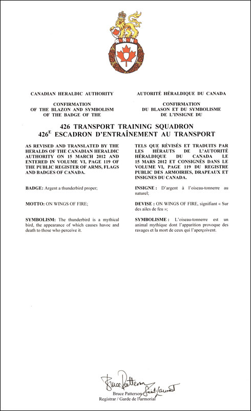 Letters patent confirming the blazon of the Badge of the 426 Transport Training Squadron