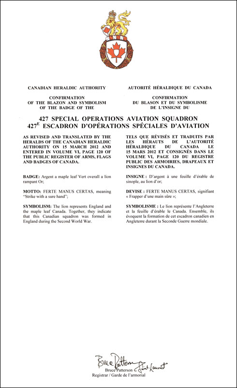 Letters patent confirming the blazon of the Badge of the 427 Special Operations Aviation Squadron