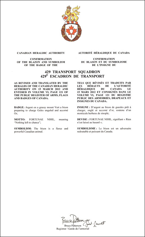 Letters patent confirming the blazon of the Badge of the 429 Transport Squadron