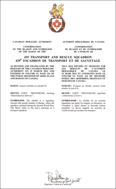 Letters patent confirming the blazon of the Badge of the 435 Transport and Rescue Squadron