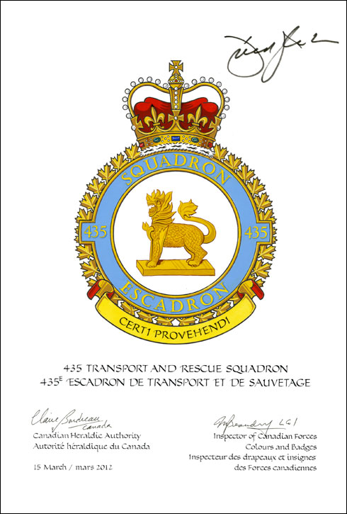 Letters patent confirming the blazon of the Badge of the 435 Transport and Rescue Squadron