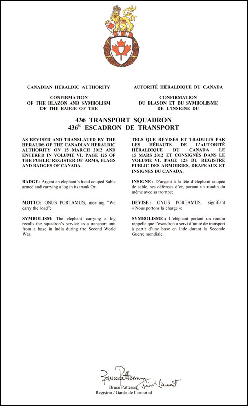 Letters patent confirming the blazon of the Badge of the 436 Transport Squadron