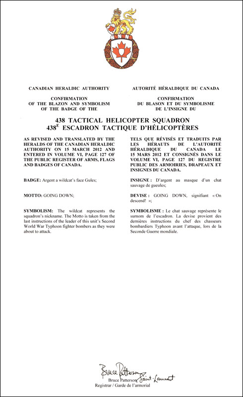 Letters patent confirming the blazon of the Badge of the 438 Tactical Helicopter Squadron