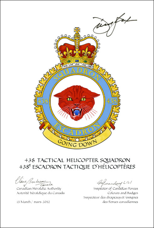 Letters patent confirming the blazon of the Badge of the 438 Tactical Helicopter Squadron