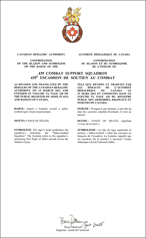 Letters patent confirming the blazon of the Badge of the 439 Combat Support Squadron