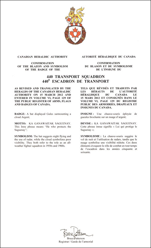 Letters patent confirming the blazon of the Badge of the 440 Transport Squadron