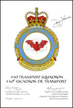 Letters patent confirming the blazon of the Badge of the 440 Transport Squadron