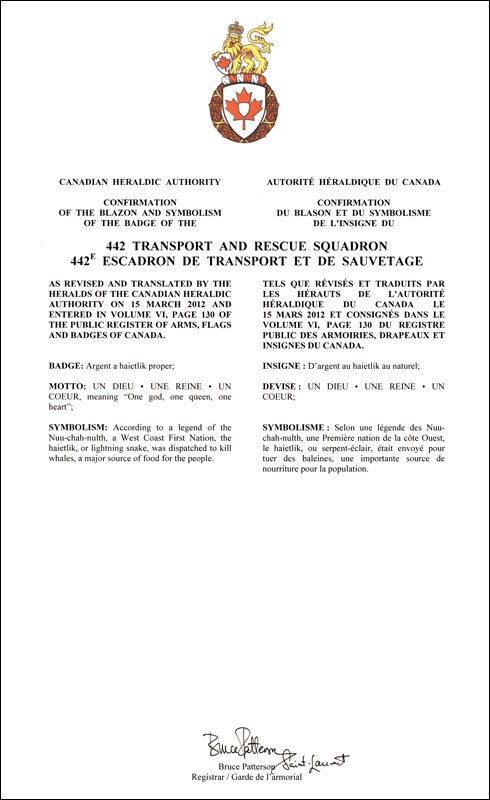 Letters patent confirming the blazon of the Badge of the 442 Transport and Rescue Squadron