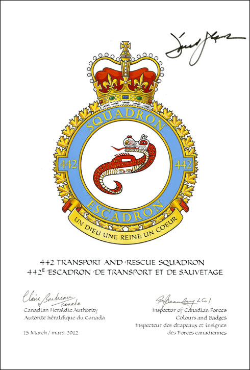 Letters patent confirming the blazon of the Badge of the 442 Transport and Rescue Squadron