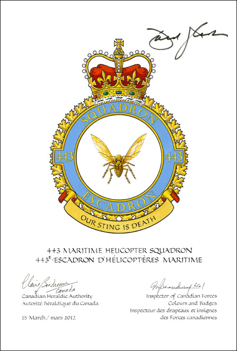 Letters patent confirming the blazon of the Badge of the 443 Maritime Helicopter Squadron