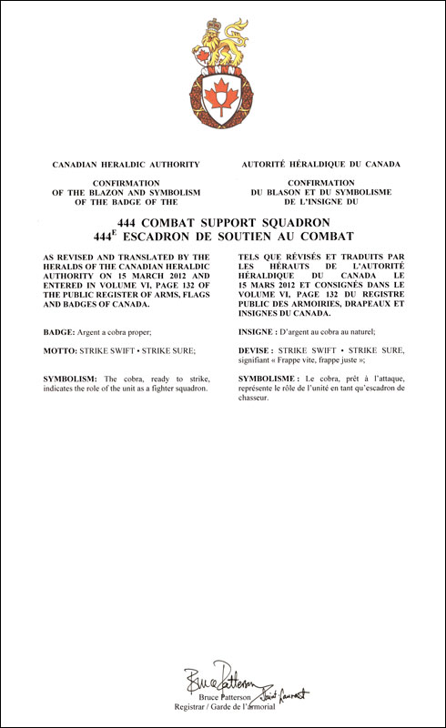 Letters patent confirming the blazon of the Badge of the 444 Combat Support Squadron