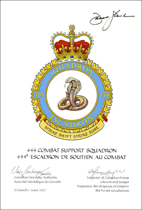 Letters patent confirming the blazon of the Badge of the 444 Combat Support Squadron