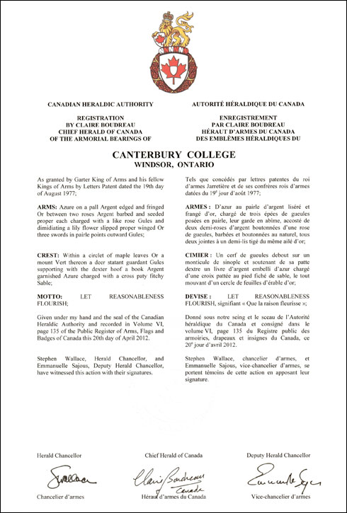 Lettres patentes enregistrant les emblèmes héraldiques du Canterbury College