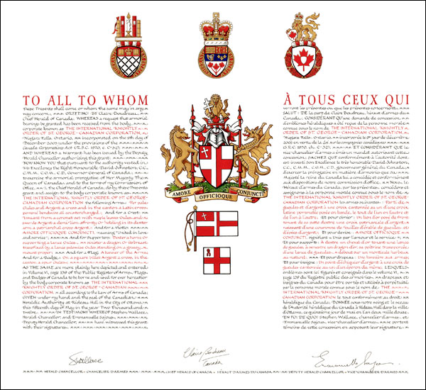 Lettres patentes concédant des emblèmes héraldiques à The International Knightly Order of St. George – Canadian Corporation