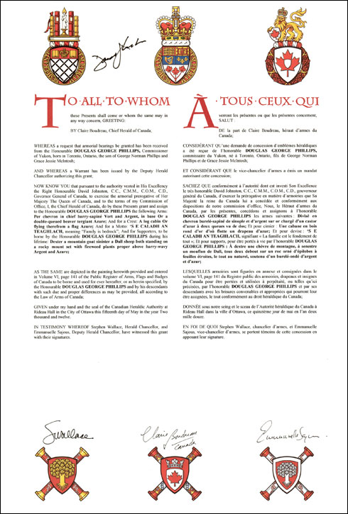 Letters patent granting heraldic emblems to Douglas George Phillips