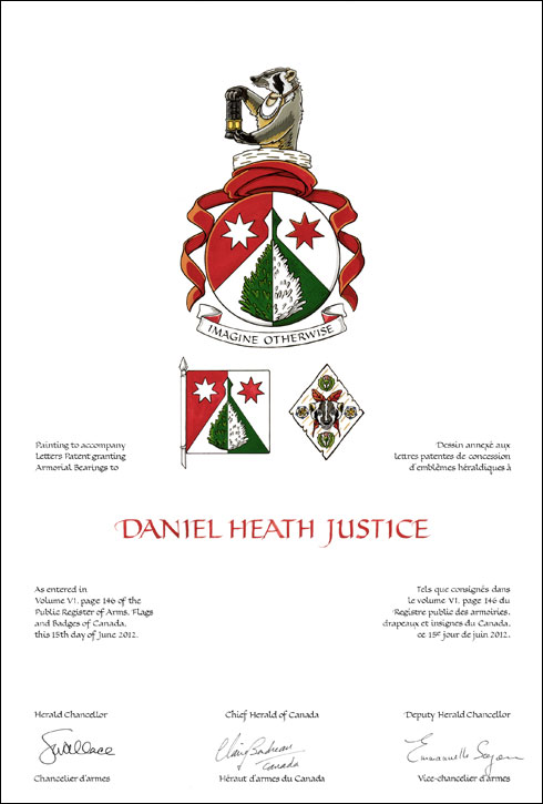 Letters patent granting heraldic emblems to Daniel Heath Justice