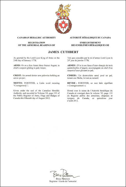 Lettres patentes enregistrant les emblèmes héraldiques de James Cuthbert