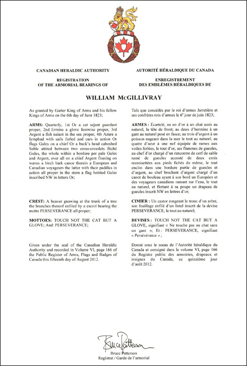 Lettres patentes enregistrant les emblèmes héraldiques de William McGillivray