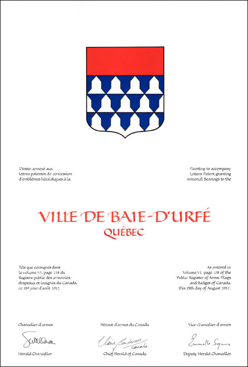 Letters patent granting heraldic emblems to the Ville de Baie d’Urfé