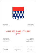 Letters patent granting heraldic emblems to the Ville de Baie d’Urfé