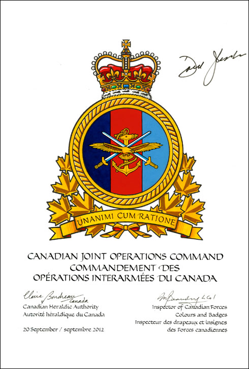 Letters patent approving the Badge of the Canadian Joint Operations Command