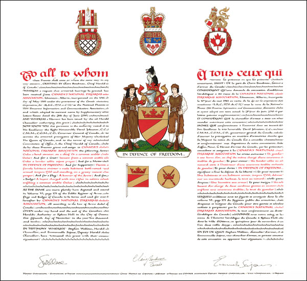 Letters patent granting heraldic emblems to Canada's National Firearms Association