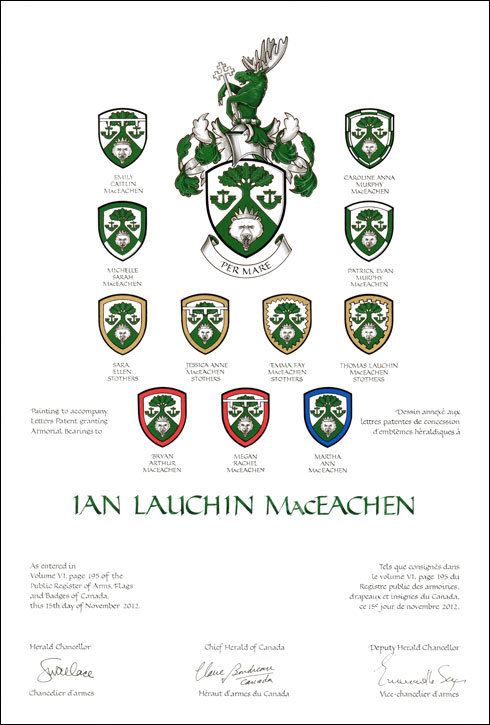 Lettres patentes concédant des emblèmes héraldiques à Ian Lauchin MacEachen