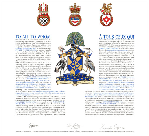 Letters patent granting heraldic emblems to Jubilee Jewellers Inc.