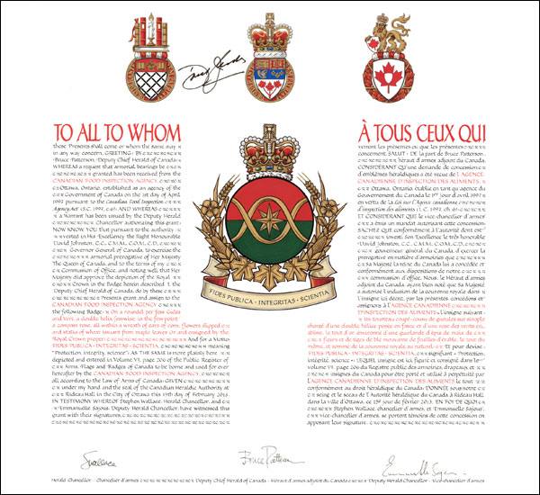 Letters patent granting a Badge to the Canadian Food Inspection Agency