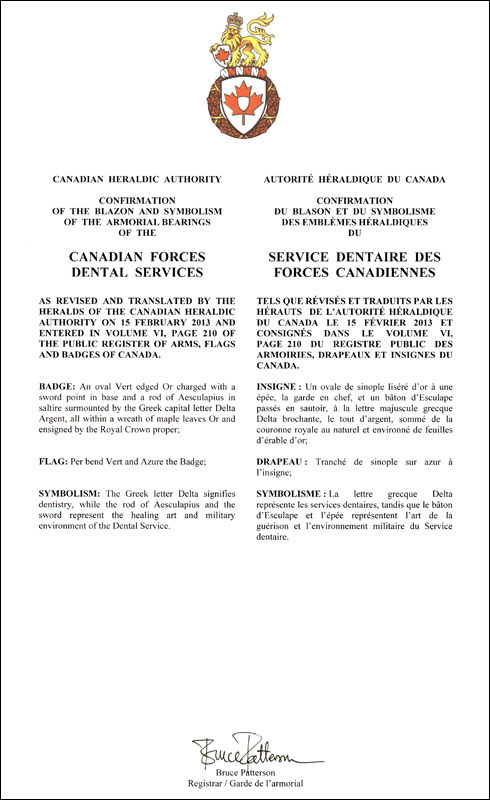 Letters patent confirming the blazon of the Badge and Flag of the Canadian Forces Dental Services