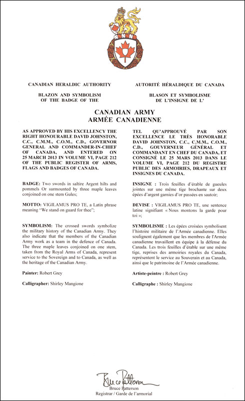 Letters patent approving the Badge of the Canadian Army