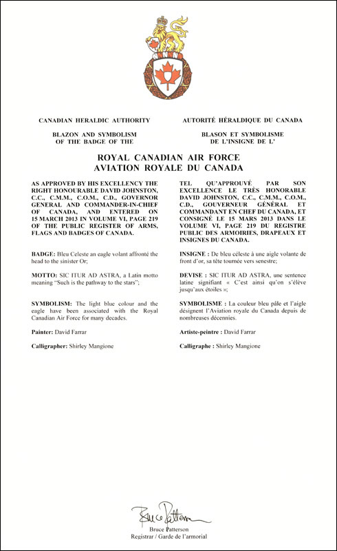 Letters patent approving the Badge of the Royal Canadian Air Force