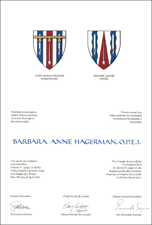 Letters patent granting heraldic emblems to Barbara Anne Hagerman